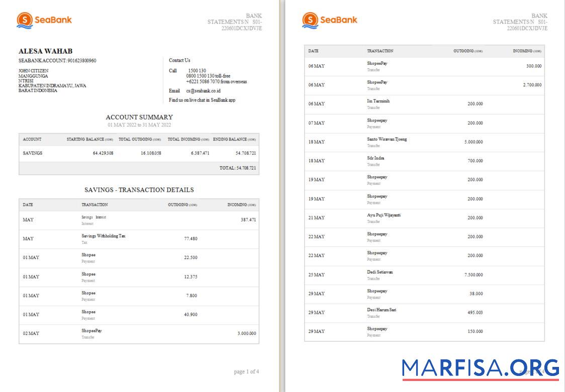 Downloadable Indonesia Seabank statement word 1, 2 pages example